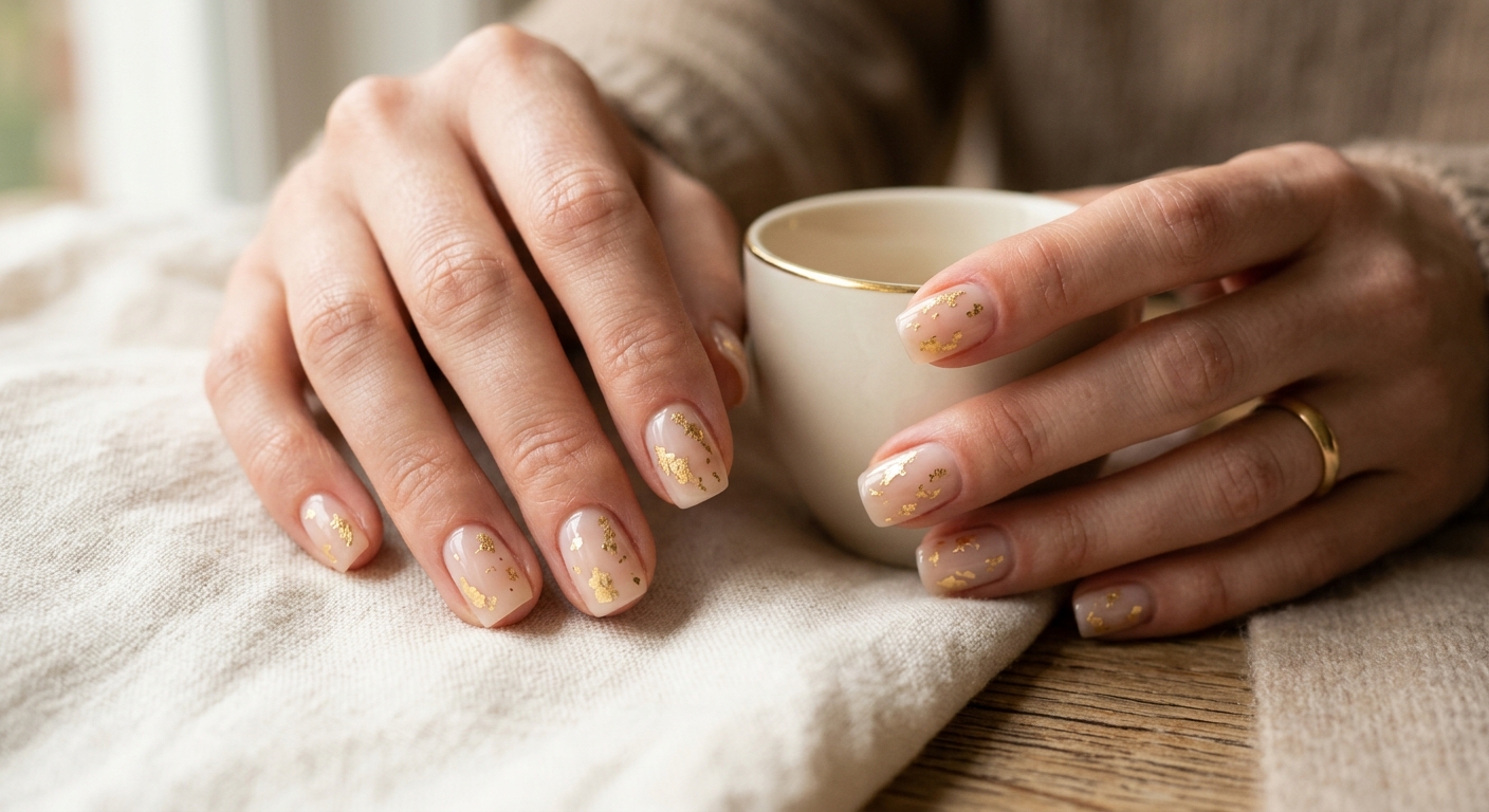  Gold foil minimalist nude nails fall nail ideas 2026.