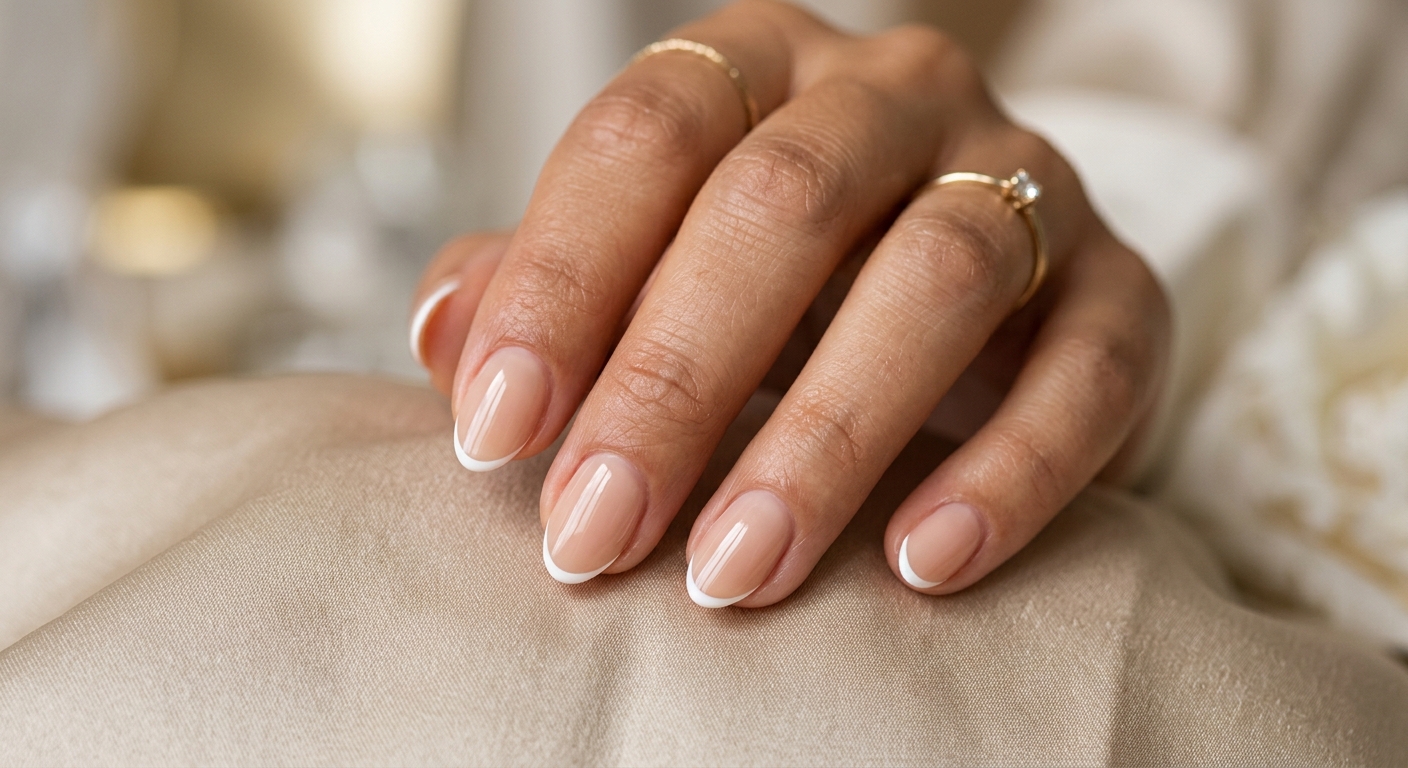 micro french tip design on short almond nails with sheer nude base