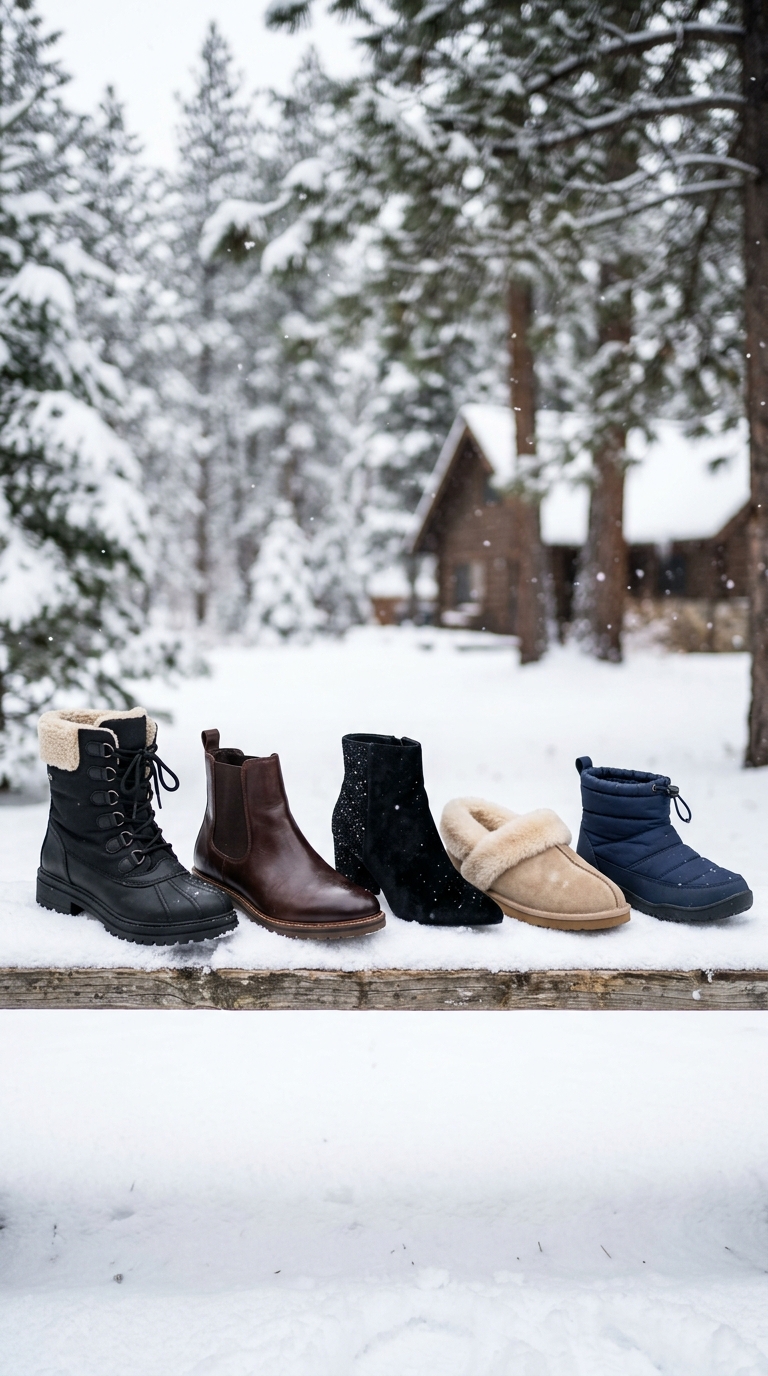 five winter shoe scenarios snow office party home travel rotation display pin