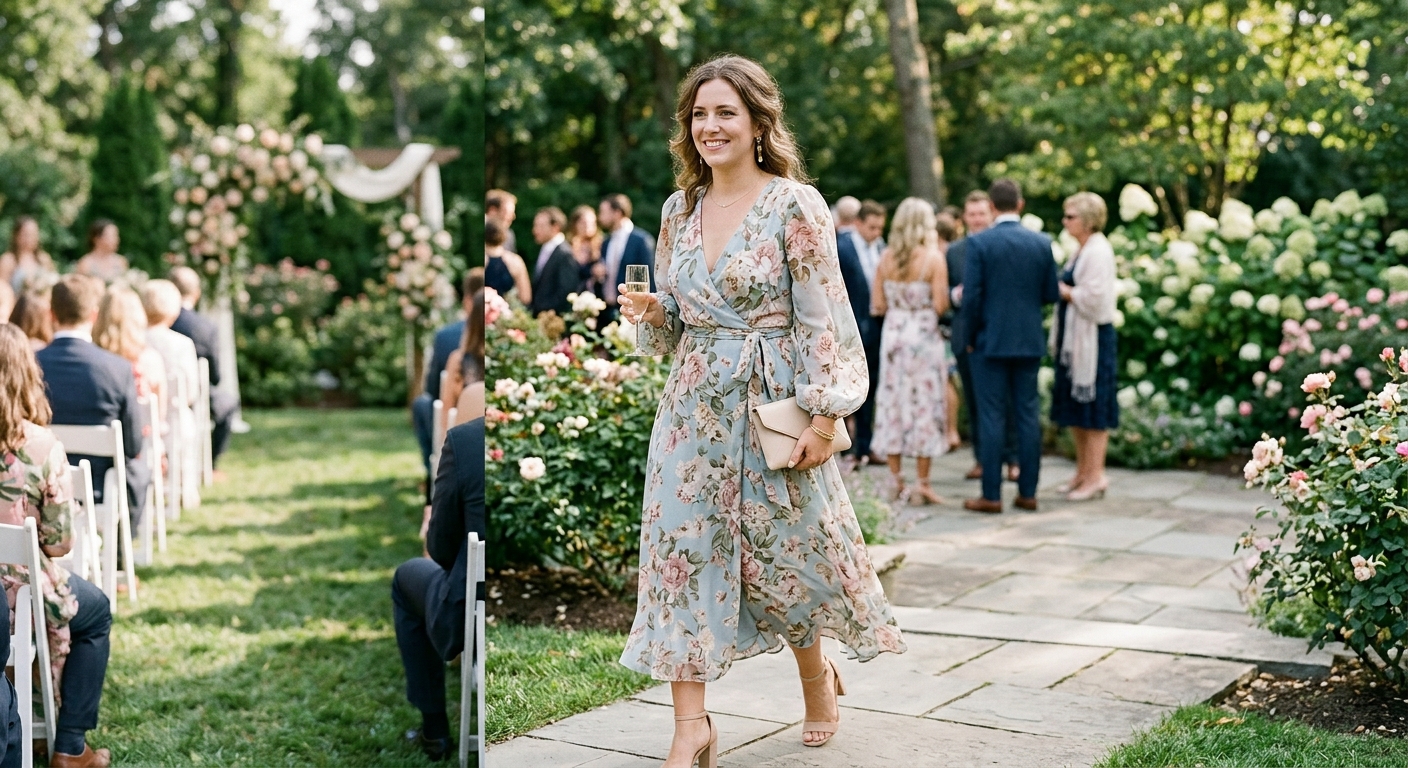 Beautiful wedding guest photograph of a woman in flowing floral midi wrap dress at outdoor wedding ceremony