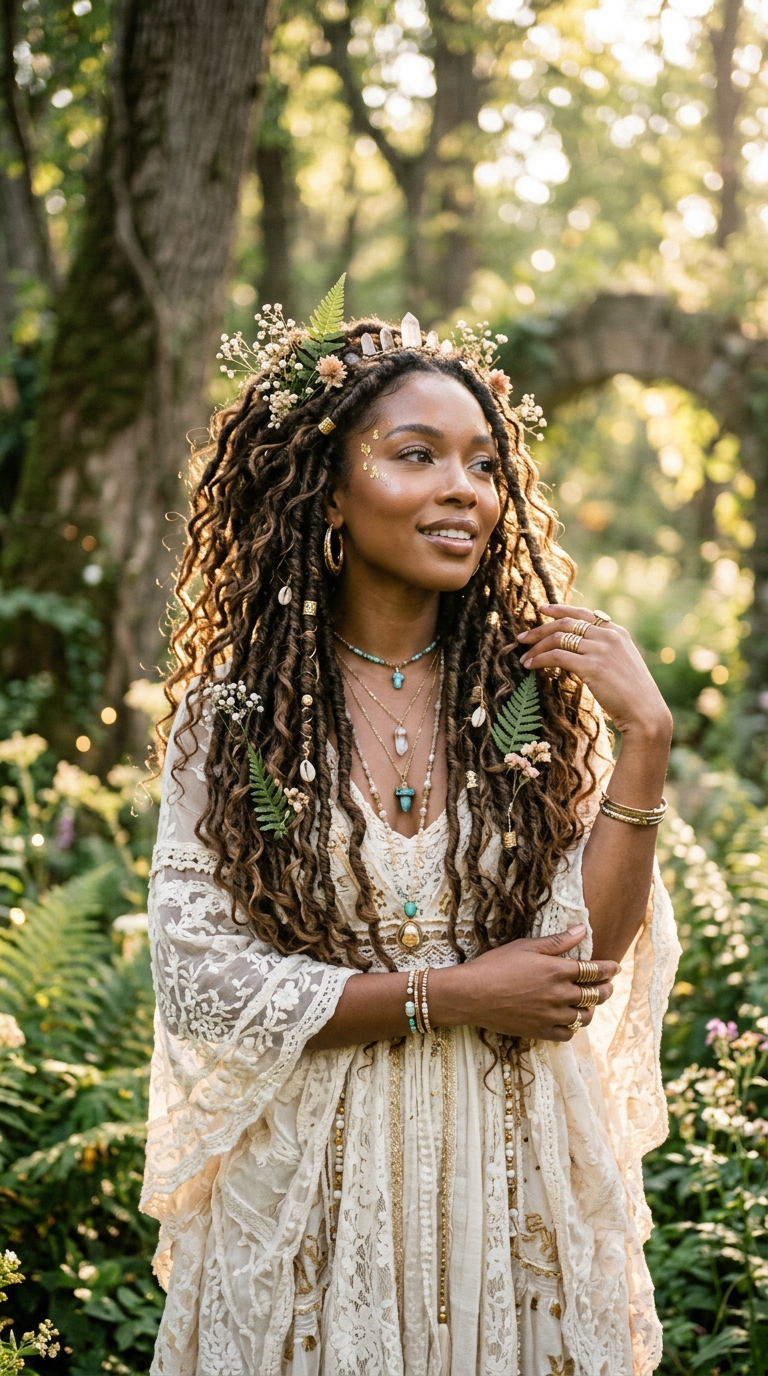 Mystical vertical beauty photograph of a woman with faux locs and loose curly pieces escaping throughout, the goddess boho hybrid