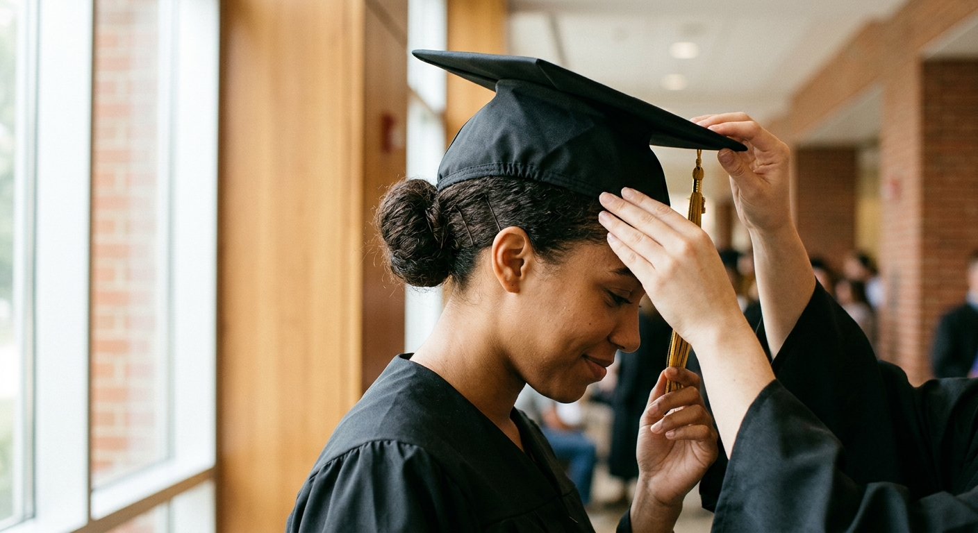 Tutorial photograph of a graduate with low bun and cap being placed on head, hair staying intact beneath