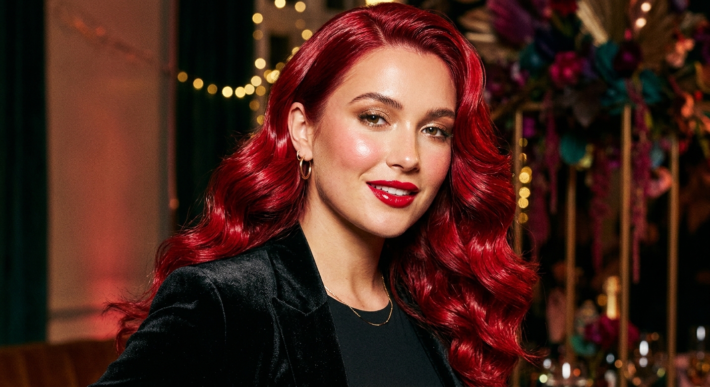 Juicy beauty photograph of a woman with cherry red hair color in glossy waves, candy-apple bright red popping in light