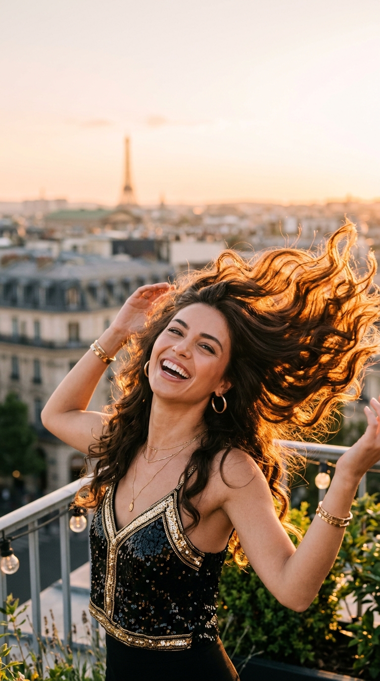 confident woman tossing healthy long hair golden light victory moment pin