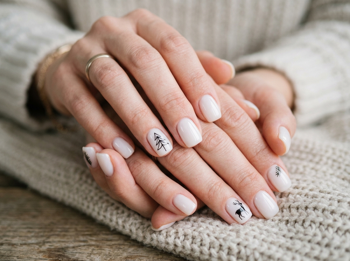 Minimalist line art featuring a pine tree and reindeer for a subtle winter nail design.