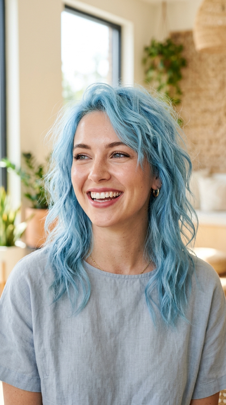 sky blue hair bright tousled the happy wearable mid-light blue shade pin