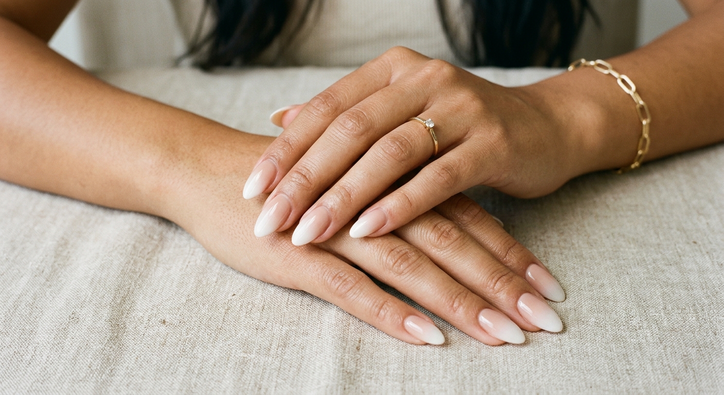 featured image showing trendy ombre nails with a nude to milky white gradient
