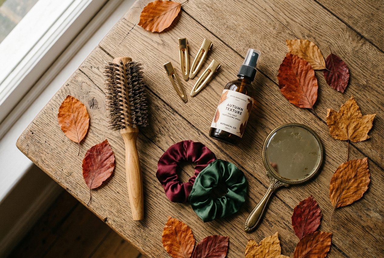 Fall hair styling essentials flat lay with round brush gold hair clips texturizing spray velvet scrunchies and autumn leaves on wooden table