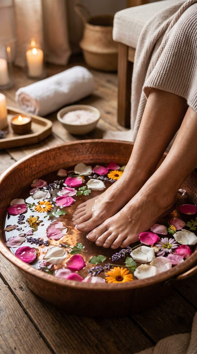 feet soaking warm water epsom salt flower petals the relaxation soak step pin