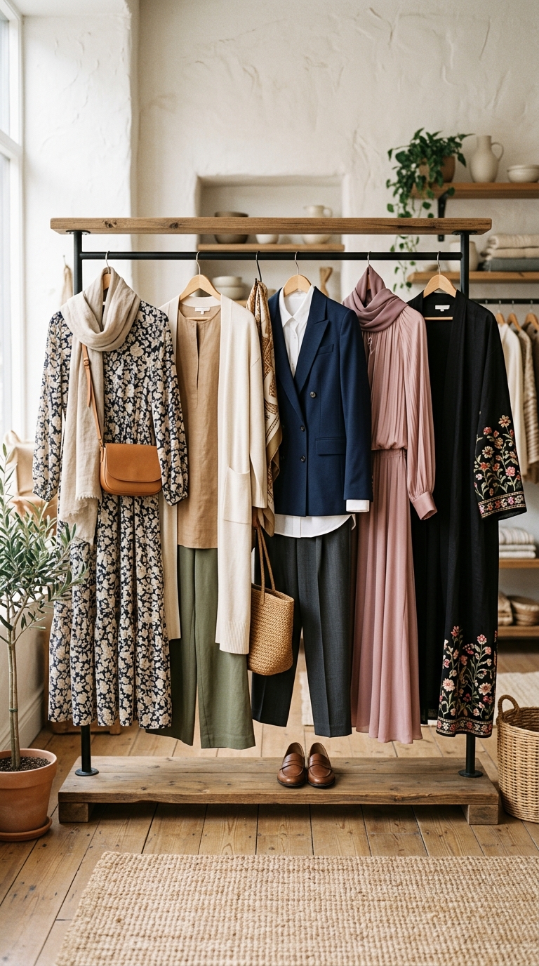five modest fashion style codes classic layered structural flowy statement rack display pin