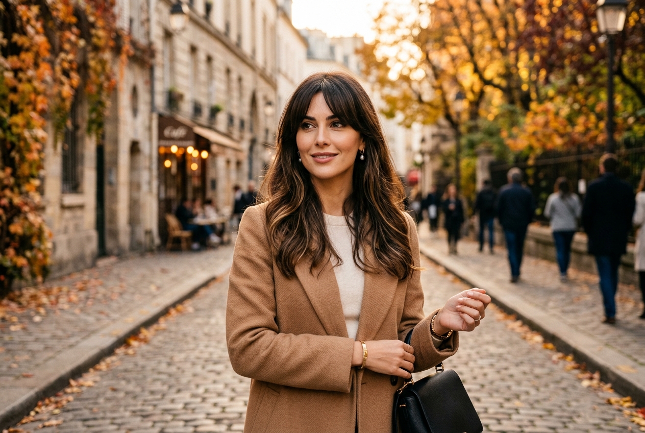 Woman with curtain bangs face framing hairstyle wearing camel wool coat on European autumn street with golden trees