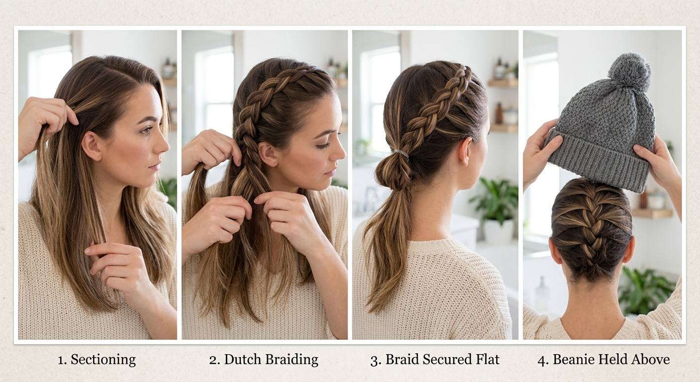 Step-by-step beauty photograph of flat Dutch braid running back from hairline kept flat at crown, beanie held above showing compatibility