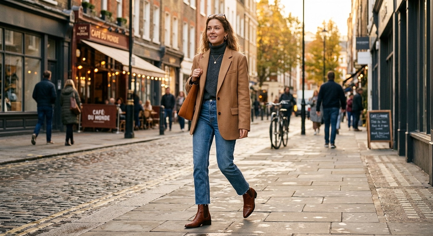 Fashion editorial photograph of a woman in brown leather ankle boots with straight-leg jeans hem hovering at boot top