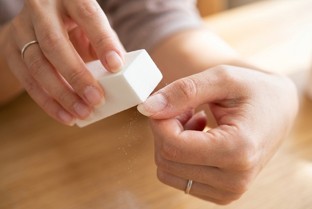 Buffing the top surface of a stained nail with a multi-sided nail buffer block to remove discoloration.