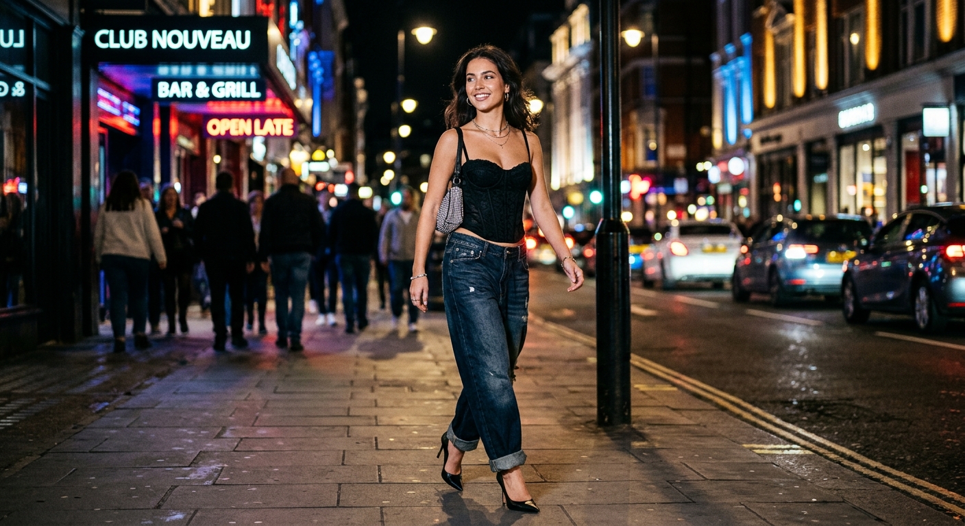 Night-out editorial photograph of a woman in structured corset top with baggy jeans and heels, small going-out bag