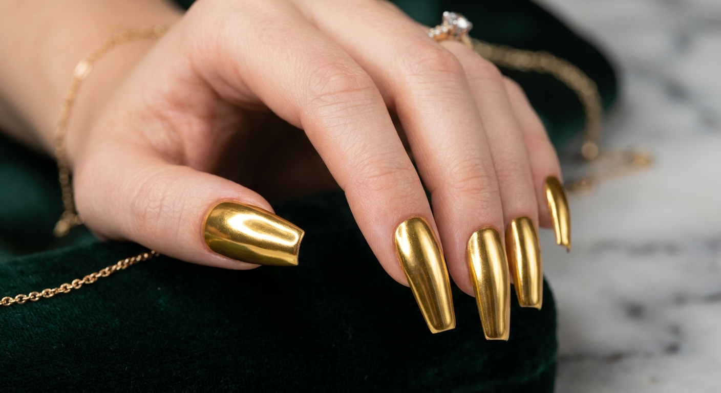 metallic gold chrome coffin nails for a glamorous look