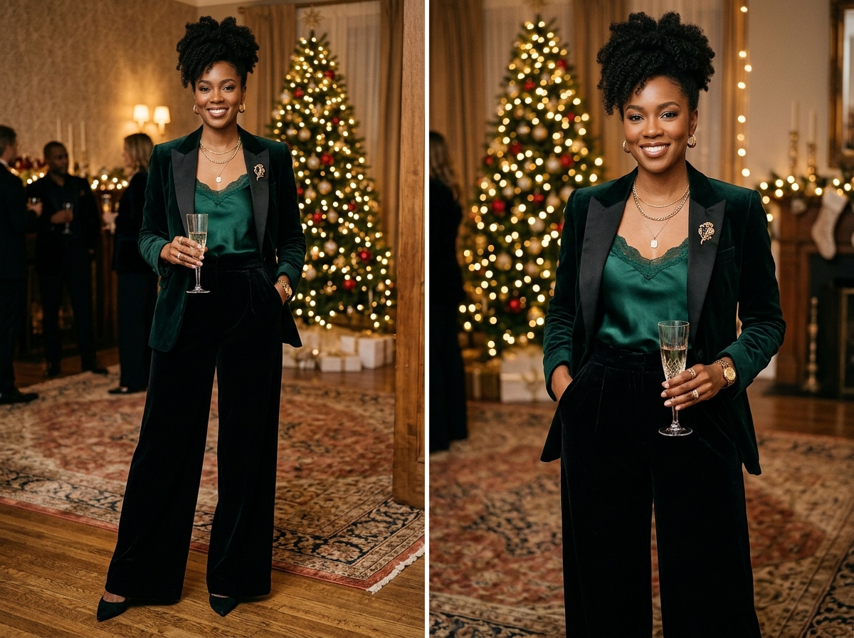 velvet wide leg pants and silk camisole for luxurious holiday party outfits