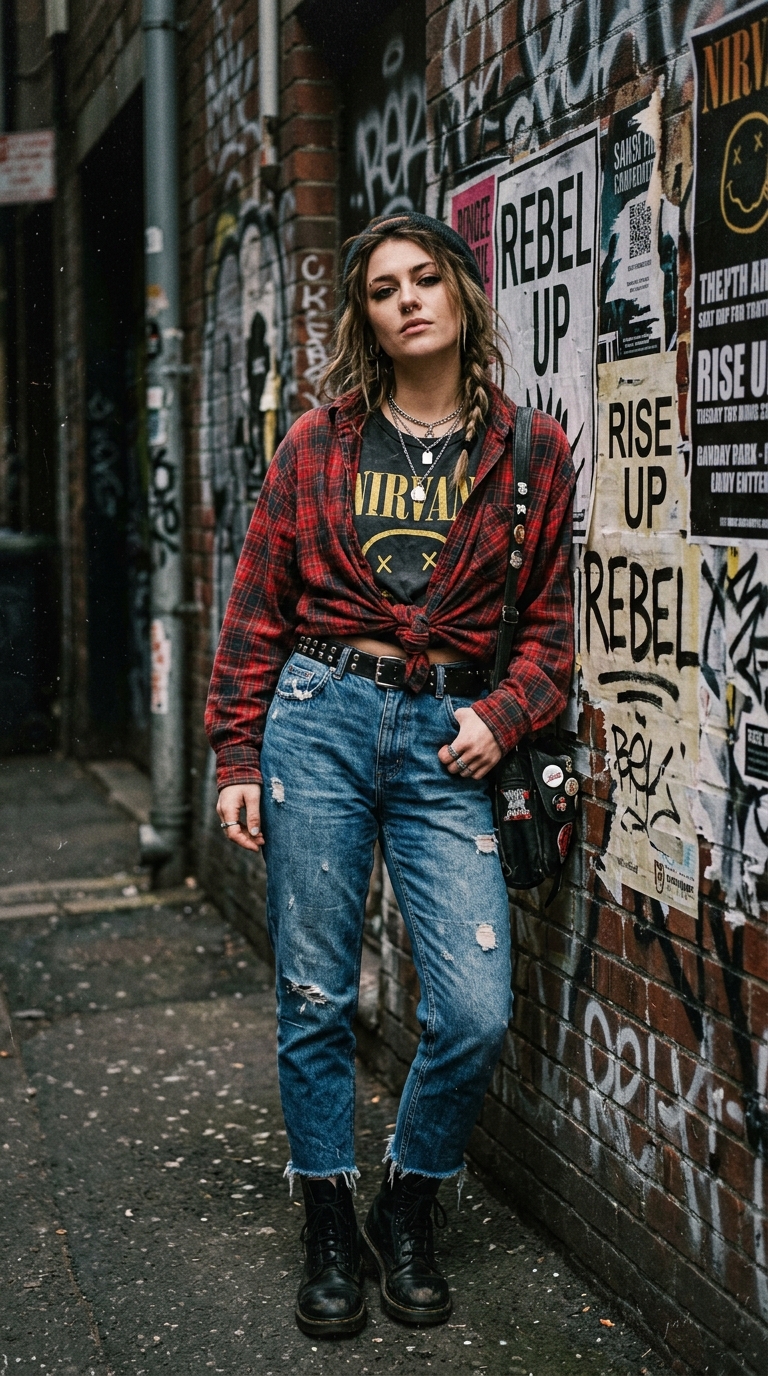 oversized plaid flannel tied waist band tee mom jeans the grunge uniform pin