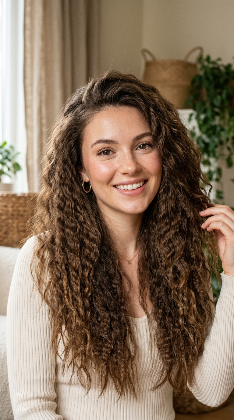 Vertical beauty photograph of a woman with crimped-texture crown waves from overnight braided headband