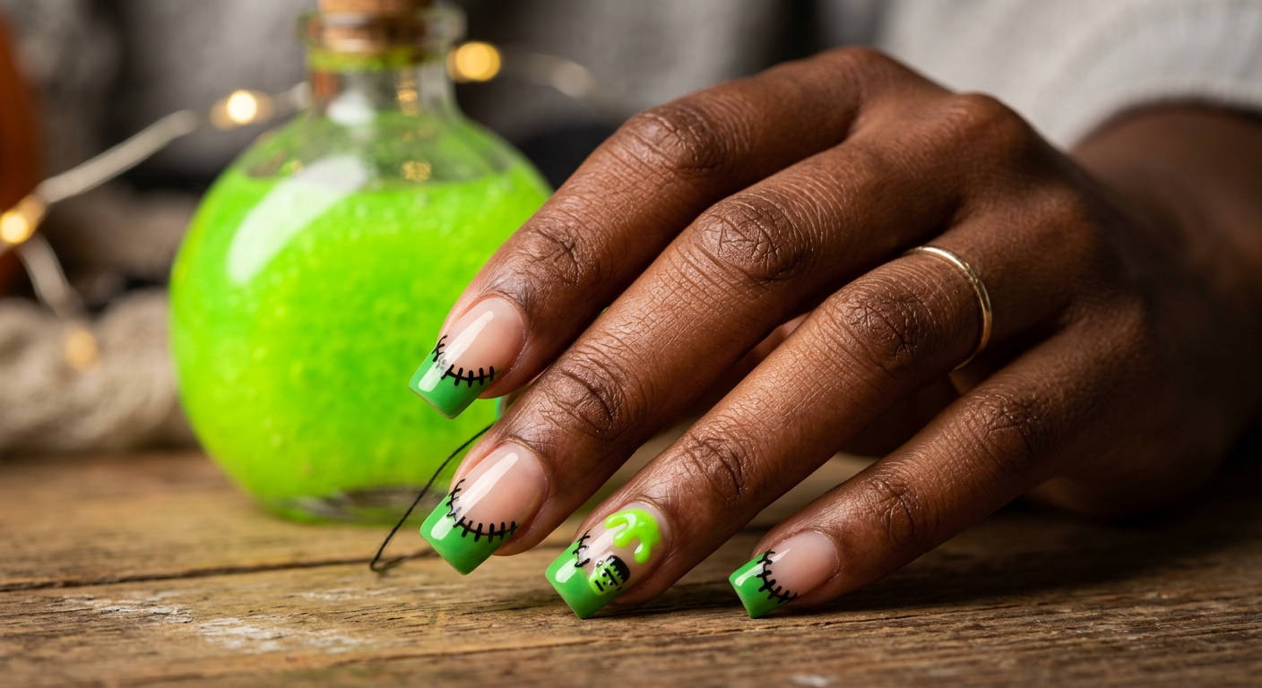 stitched frankenstein halloween french tips in green with black stitches