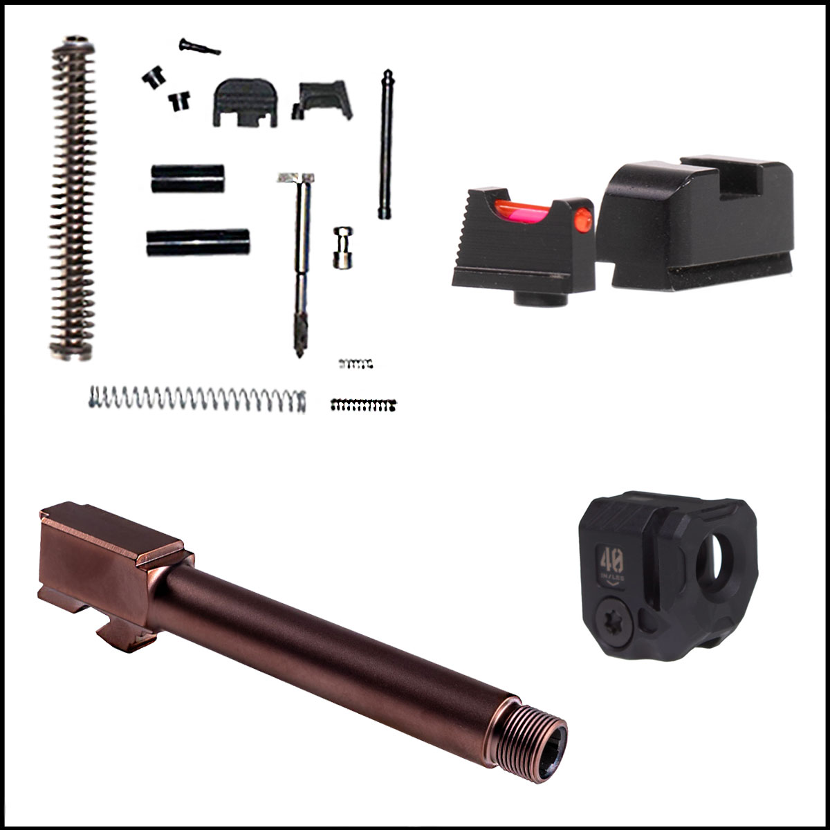 DIY Pistol Kits: G17 Compatible Threaded Barrel + JE Machine Slide Parts Kit, G17 Compatible + ELD Performance Tall Profile Fiber Optic Sights + Strike Industries Micro Threaded Barrel Comp