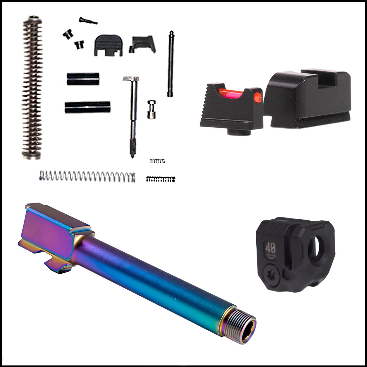 DIY Pistol Kits: Glock 17 Compatible Threaded Barrel + JE Machine Slide Parts Kit G17 Compatible + ELD Performance Tall Profile Fiber Optic Sights + Strike Industries Micro Threaded Barrel Comp