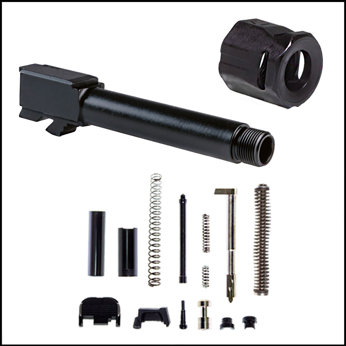 Barrel Bundle: Glock 19 Compatible Threaded Barrel + Strike Industries Micro Threaded Barrel Comp + JE Machine Slide Parts Kit