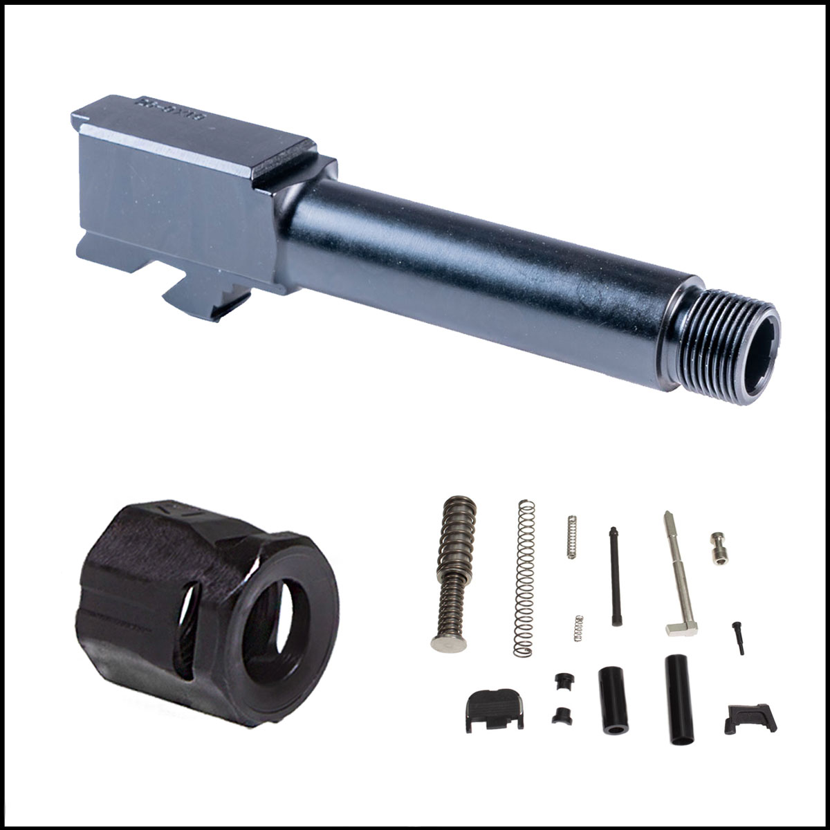 Barrel Bundle: Glock 26 Compatible Threaded Barrel + Strike Industries Barrel Comp + JE Machine Glock 26 Slide Parts Kit