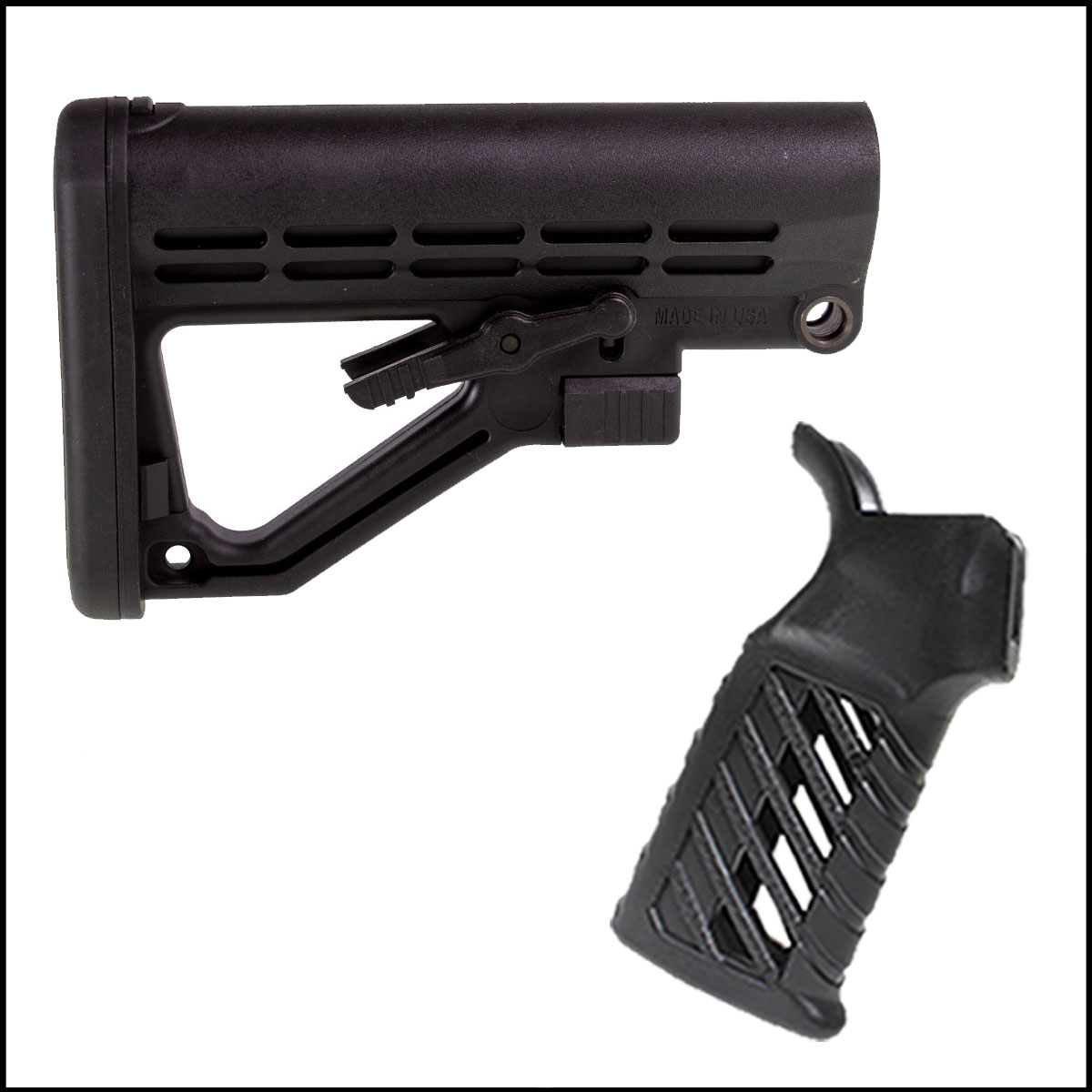 Furniture Kit: JE Machine A-Frame Skeleton Stock  + Davidson Defense AR15 Skeletonized Polymer Grip