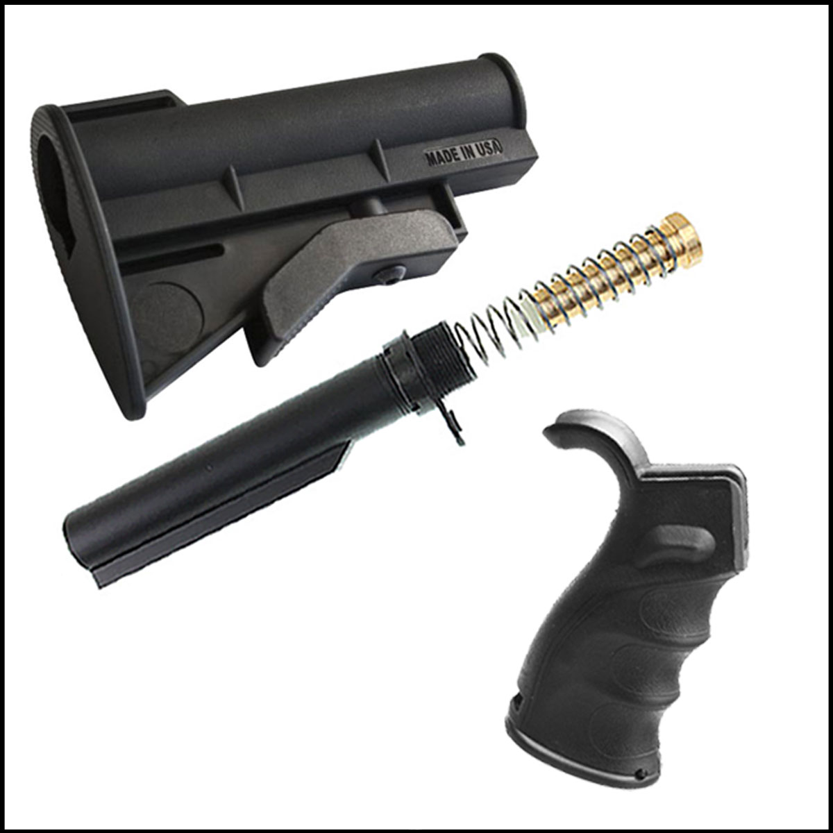 Furniture Kit: JE Machine AR-15 CQB 4 PT Mil-Spec Micro Buttstock + Recoil Technologies Mil-Spec 6-Position Buffer Kit + Omega Mfg. AR-15 M4 Polymer Pistol Grip