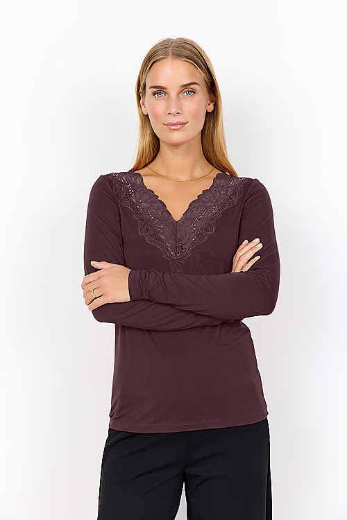 Shirt mit V-Spitzenabschluss - Braun