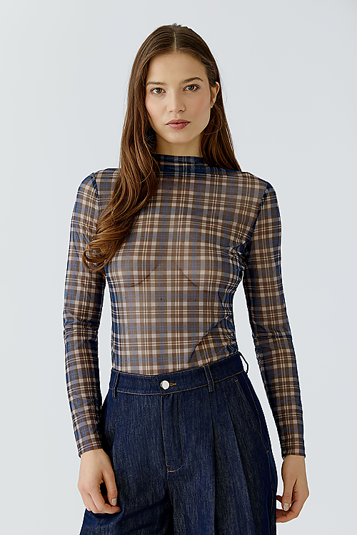 Kariertes Langarmshirt - Navyblau