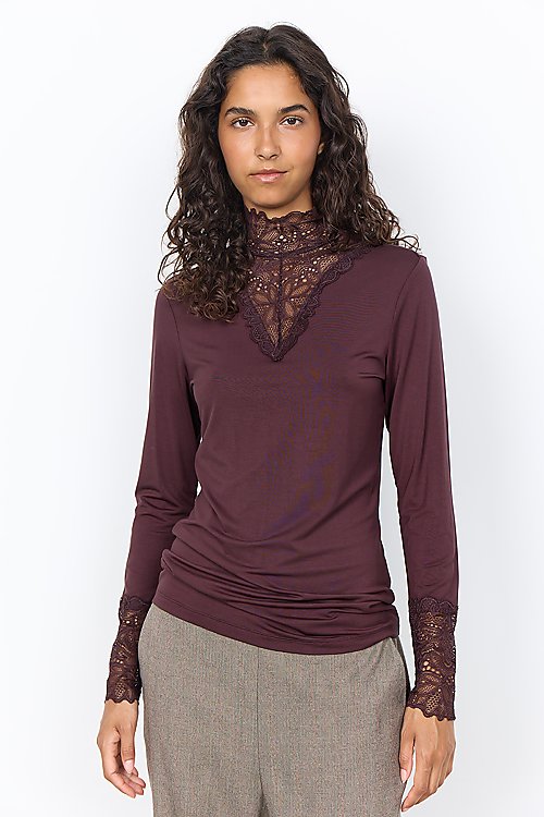 Shirt mit Spitzenkragen - Braun