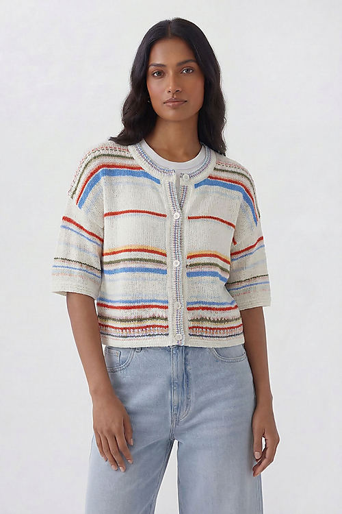 gestreifte kurzarm Strickjacke - Multicolor