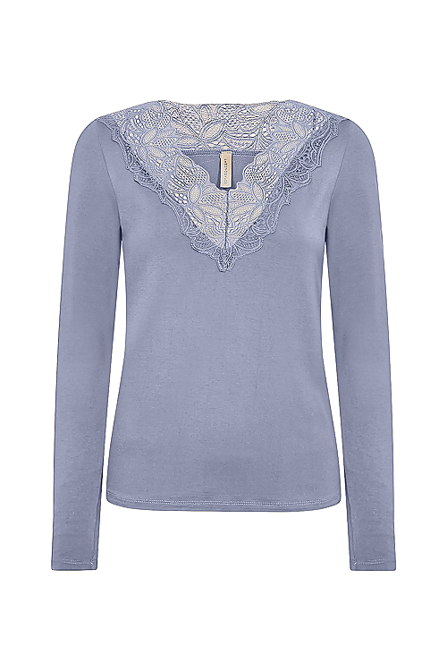 Shirt mit V-Spitzenabschluss - Hellblau