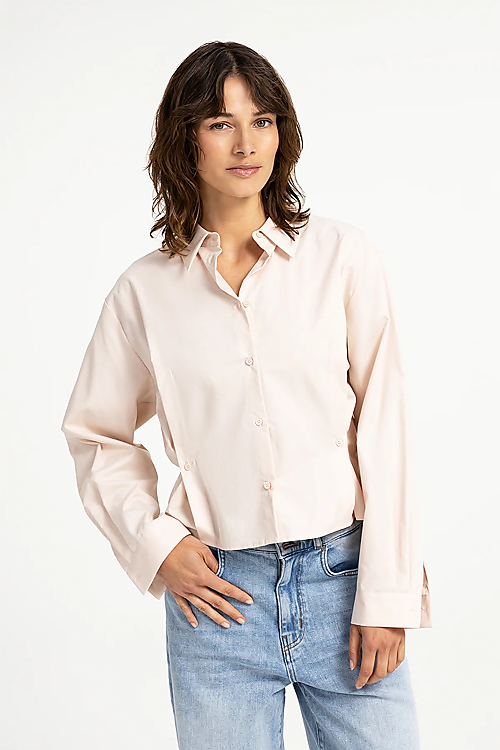 Langärmelige Popeline-Bluse mit verstellbarem Saum - Rosa