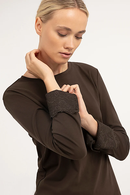 Jersey-Oberteil mit Spitzenbündchen - Braun