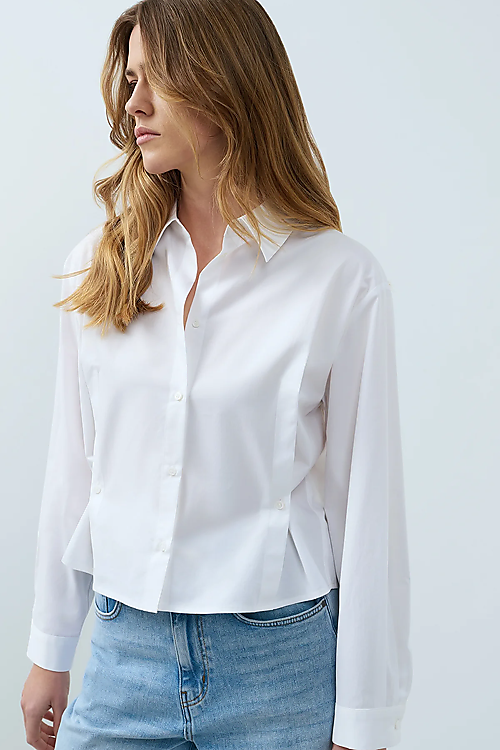 Langärmelige Popeline-Bluse mit verstellbarem Saum - Weiss