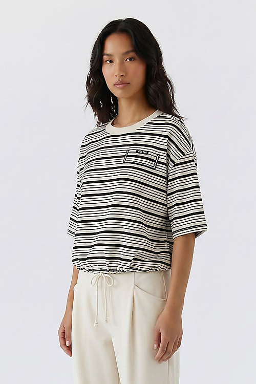 gestreiftes T-Shirt mit Kordel - Schwarz