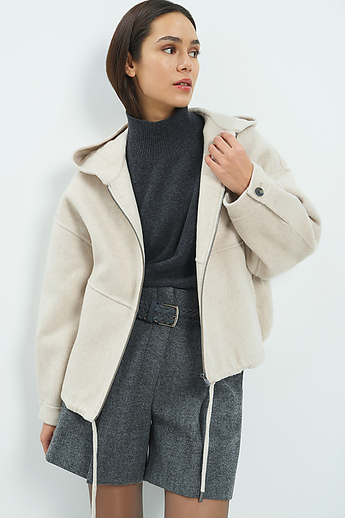 Oversize-Jacke aus einer Wollmischung mit Kapuze - Beige