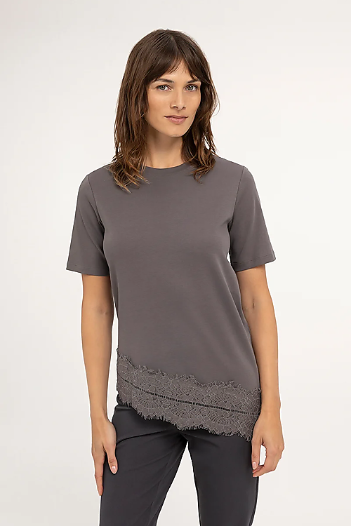 Baumwoll-T-Shirt mit Spitzensaum - Grau