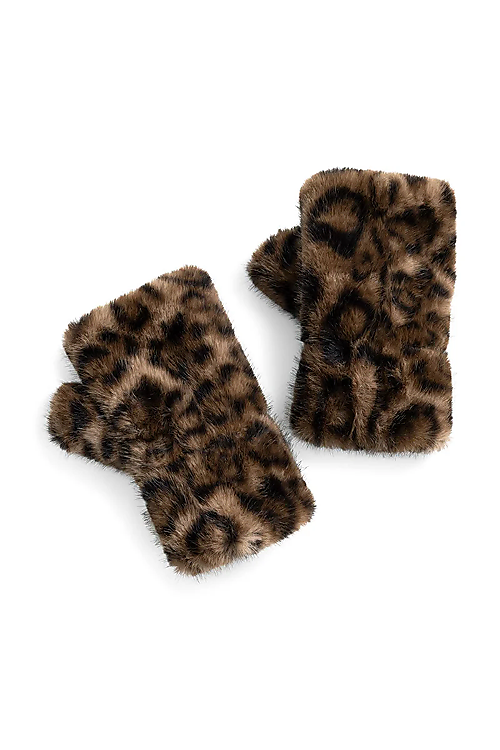 Fäustlinge aus Fellimitat mit Leopardenmuster - Braun