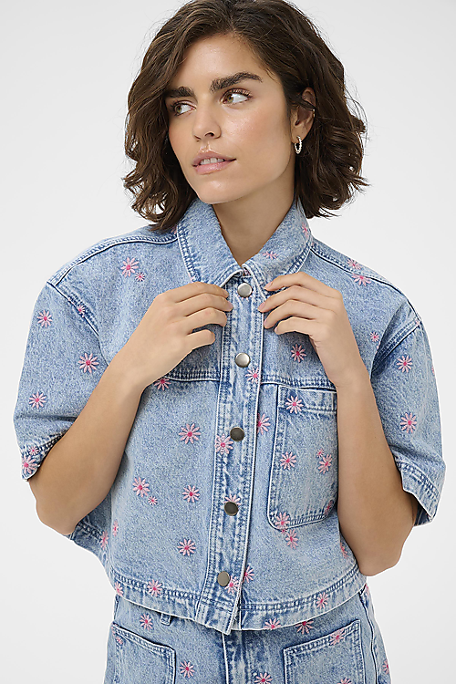 Bestickte Jeansjacke - Rosa