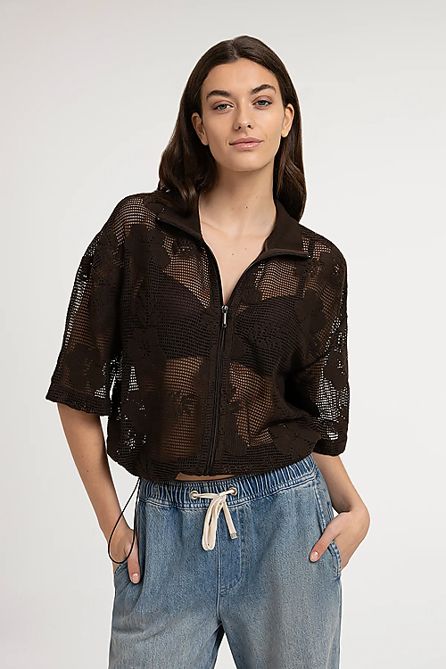 Häkeljacke mit Blumenmuster - Braun