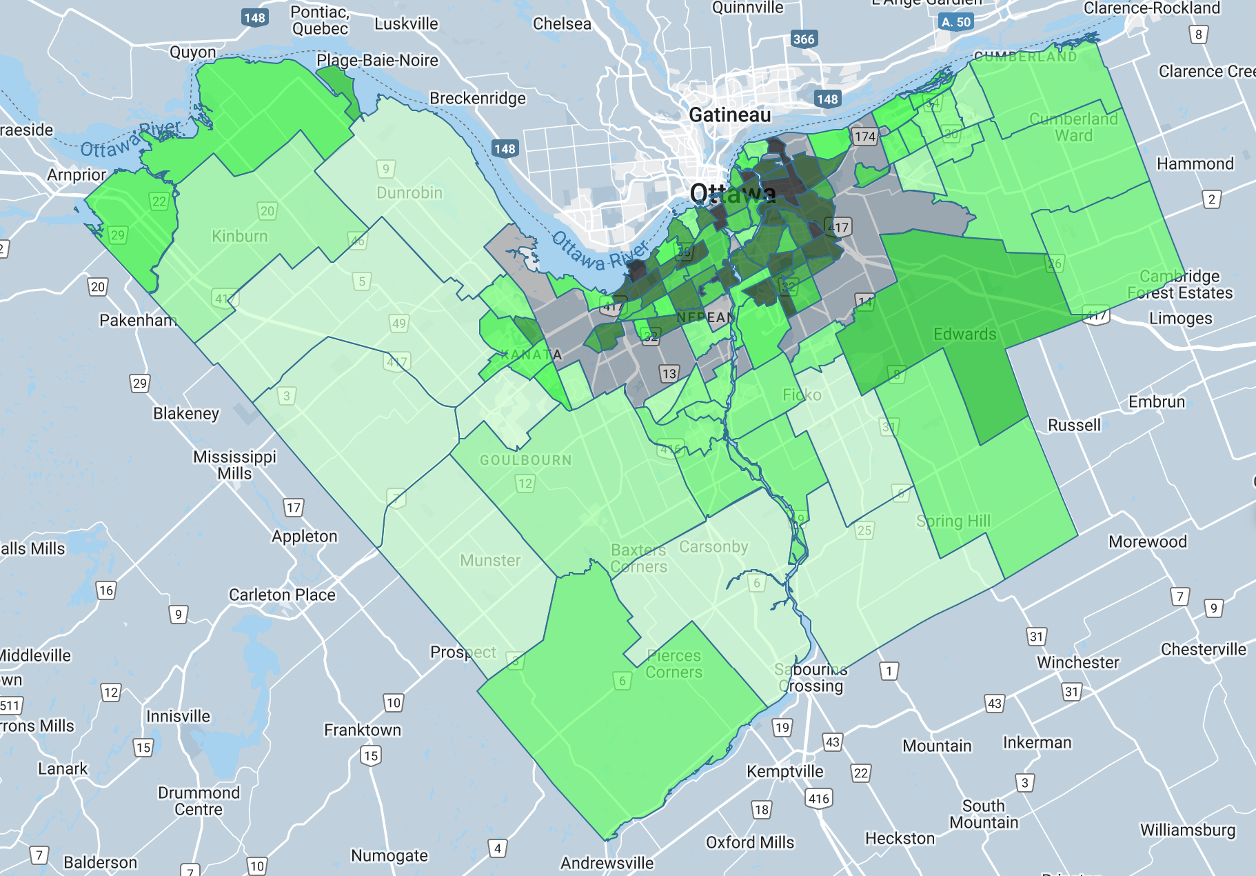 Carte d'Ottawa qui montre la marginalisation (score sommaire) par quartier. 