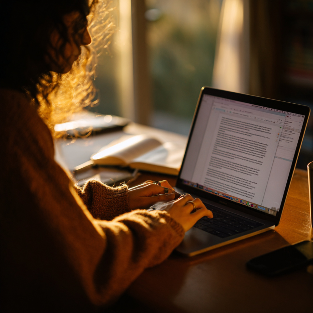 Image of a woman typing on an open laptop computer, with the screen showing her text.