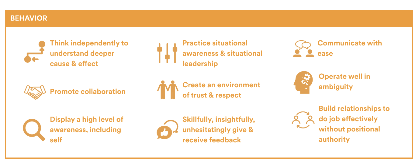 The Behavior Agile Coach pillar consists of:
- Thinking independently to understand deeper cause and effect
- Promoting collaboration
- Displaying a high level of awareness
- Practicing situational awareness and leadership
- Creating an environment of trust and respect
- Giving and receiving feedback with skill and insight
- Communicating with ease
- Operating well with ambiguity
- Building relationships