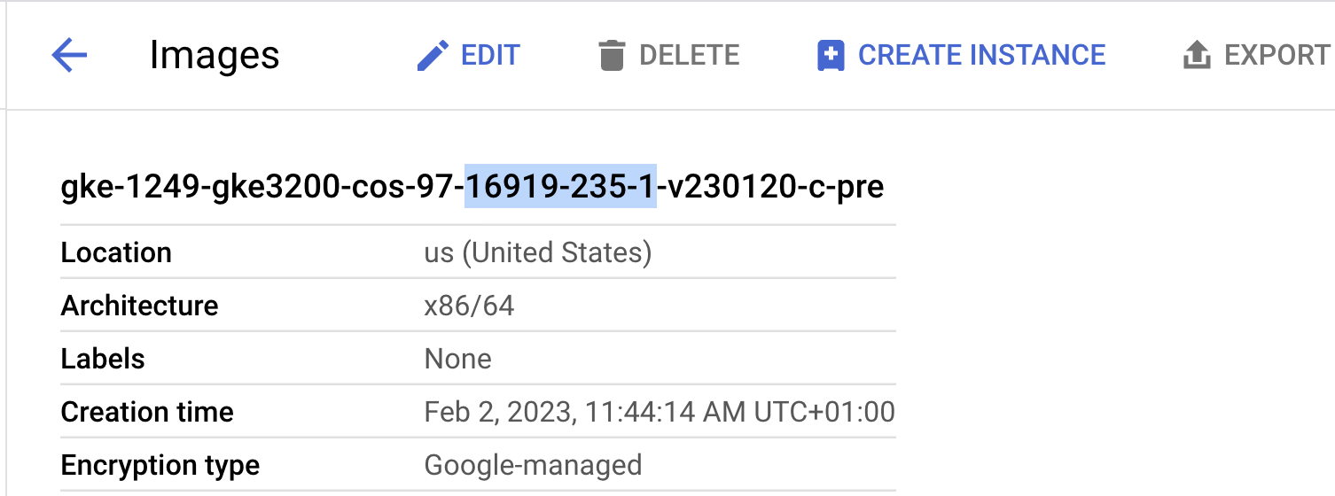 GKE image details featuring build ID, architecture, location, labels, creation type, and encryption type