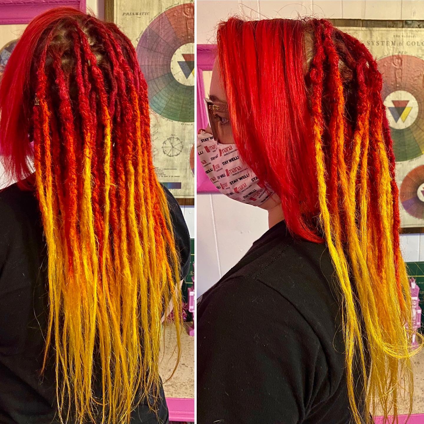 Caucasian with red to yellow ombre dreadlocks  