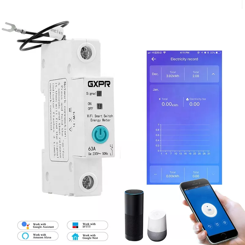 Disjoncteur intelligent TUYA WIFI avec Rail DIN 1P 63A